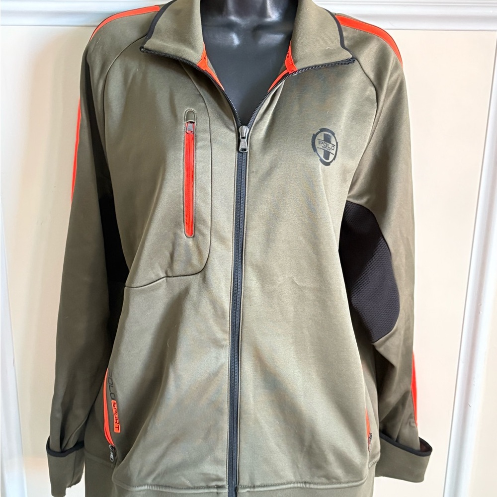 Ralph Lauren Large Polo Performance Olive Green Jacket with Bright Orange Trim - Picture 2 of 5